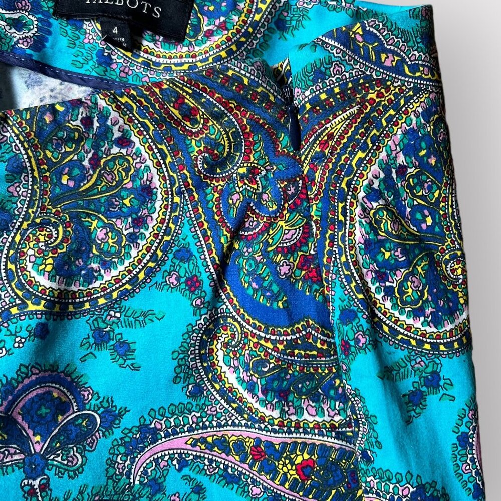 Talbots size 4 Turquoise Blue Paisley Flat Front Crop Pants - Picture 5 of 10